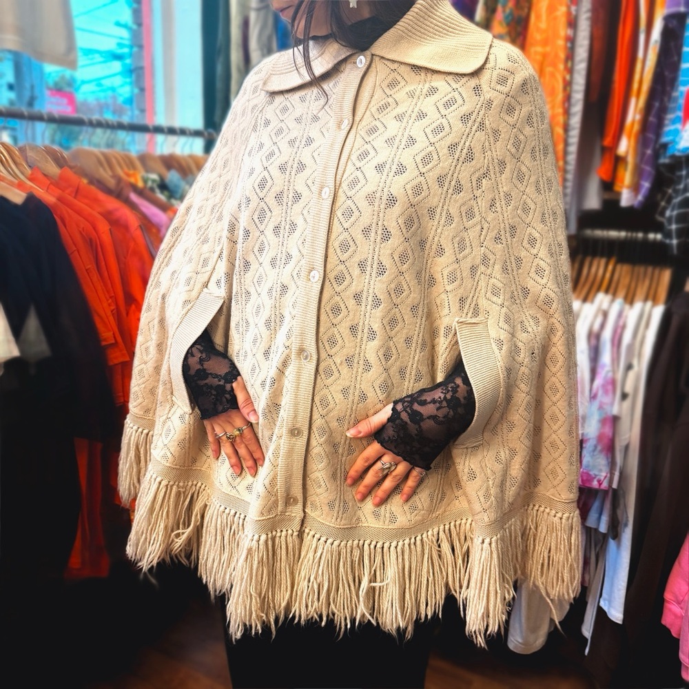 1970s Tan Knit Cape Poncho Sweater